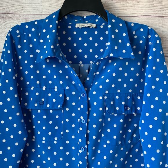 Studio Works Blue and White Polka Dot Button Down Shirt Roll Tab Long Sleeve - Picture 3 of 16